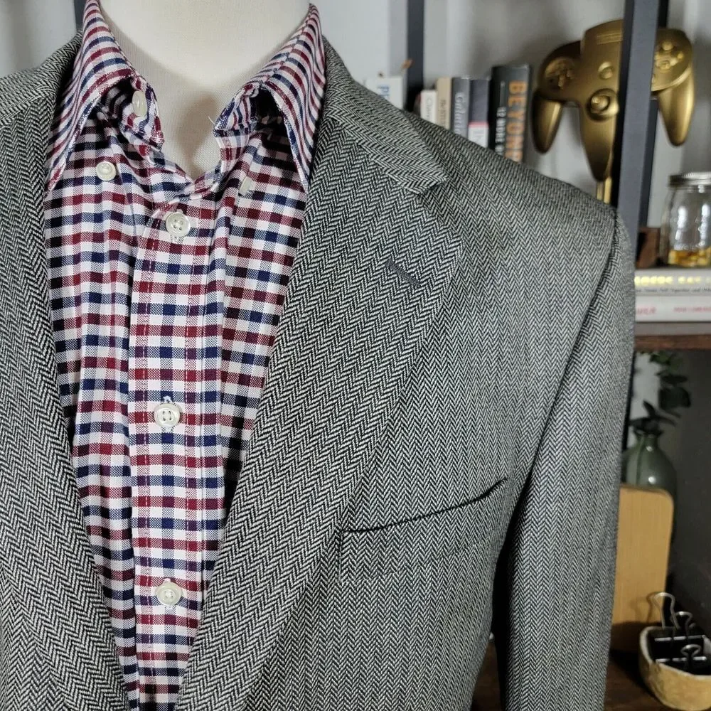 Nautica Men's Sport Coat Blazer Two Button Gray Herringbone Lambs Wool Blend 44L